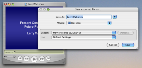 Screenshot of the iPod export dialog in QuickTime Pro